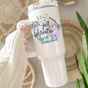 Personalized Just Breathe UV DTF Cup Wrap, Dandelion Butterfly Glass Can & Tumbler Decals (11oz–40oz), Waterproof Sticker, Mother's Day Gift image 3