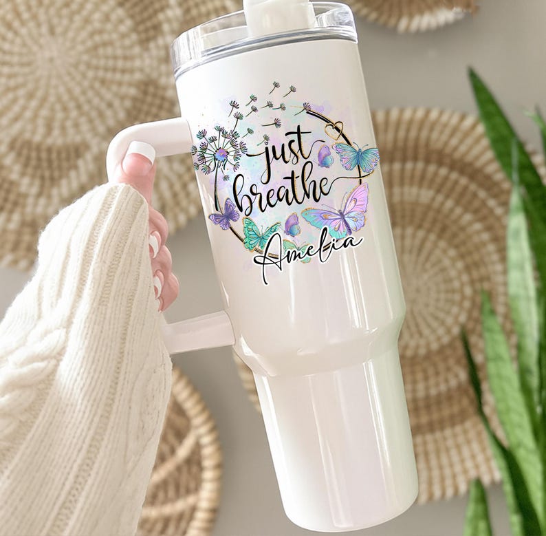 Personalized Just Breathe UV DTF Cup Wrap, Dandelion Butterfly Glass Can & Tumbler Decals (11oz–40oz), Waterproof Sticker, Mother's Day Gift image 3