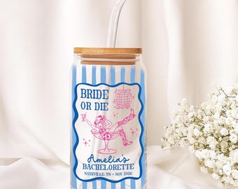 Personalized Bride or Die Glass Can, 16oz Bachelorette Cup, Custom Bach Party Favor, Nashville Bridal Party Gift, Disco Cowgirl Cup