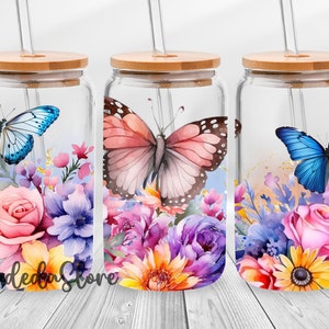 Butterfly Rose Flower Libbey Glass Wrap Png, Butterfly Floral Glass Cup, Wildflower Glass Wrap Sublimation Design Mother's Day Wrap Png