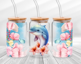 Cute Dolphin Glass Can Wrap, Floral Dolphin Libbey Glass Can, Cartoon Iced Coffee Cup Animal Dolphin Tumbler, Mother's Day Glass Can