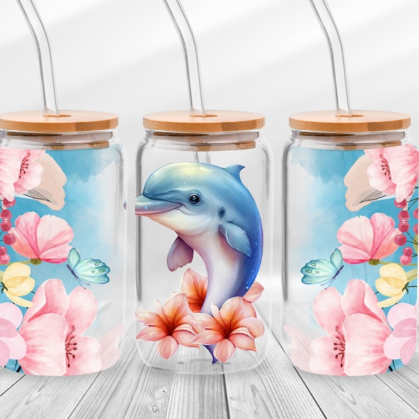 Süße Delfin-Glasdose, Blumendelfin-Libbey-Glasdose, Cartoon-Eiskaffeetasse-Tierdelfin-Becher, Muttertags-Glasdose