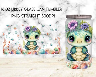 Emballage de canette en verre de tortue mignonne, sublimation de canette en verre Turtle Libbey 16oz, enveloppement de gobelet de tortue, tasse en verre d'animal, enveloppement de verre Libbey de la fête des mères