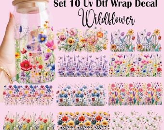 UV DTF Wildflowers Cup Wrap Set 10 | Floral Cup Transfer Stickers for 16oz Glass Can | Wildflower 40oz Tumbler Decal | Ready to Press