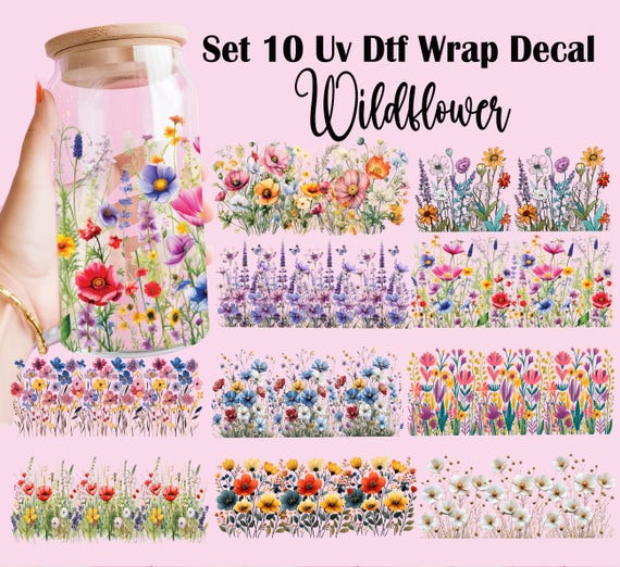 UV DTF Wildflowers Cup Wrap Set 10 | Floral Cup Transfer Stickers for 16oz Glass Can | Wildflower 40oz Tumbler Decal | Ready to Press