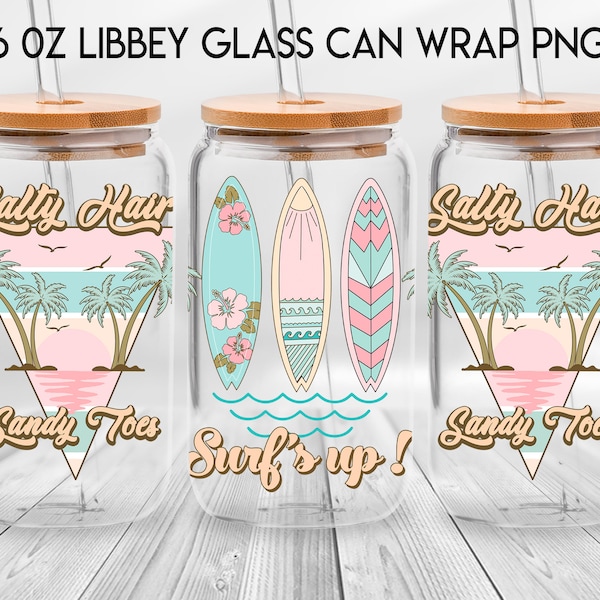 Surf Up 16oz Libbey Glass Can, Salty Hair Sandy Toes Frosted Glass, Beach Ocean Surfboard Libbey Cup, Summer Season, Hello Summer 2024