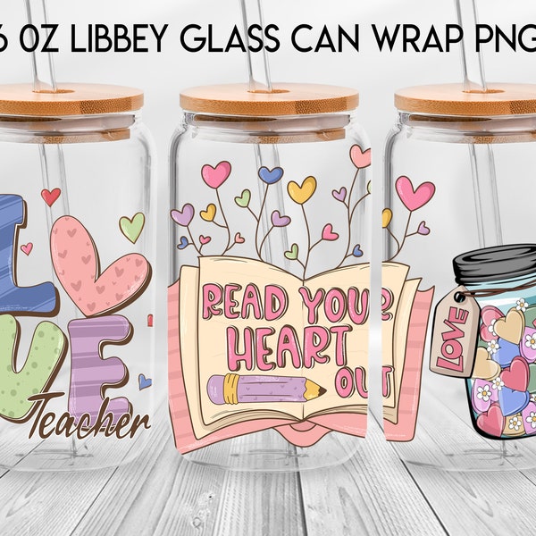 Read Your Heart Out 16oz Libbey Glass Can, Love Teacher Frosted Glass, Valentine Teacher Beer Can Glass