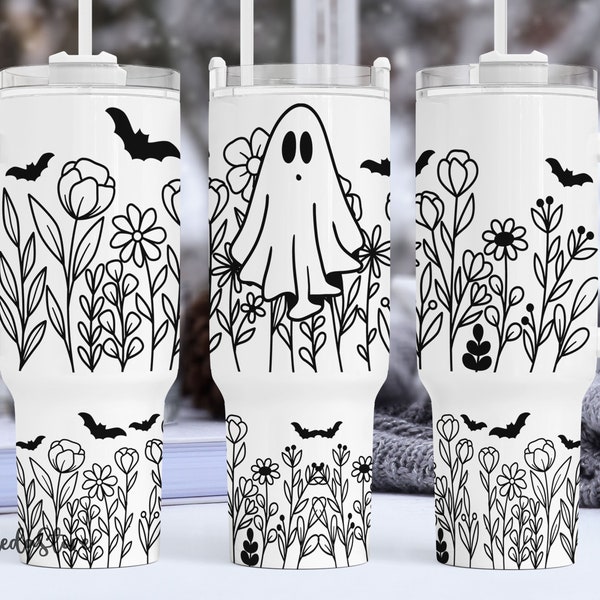 Ghost Wildflowers Halloween 40oz Quencher Tumbler Wrap, Cute Ghost Halloween Tumbler 40 oz, Spooky Season Tumbler Sublimation Design