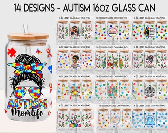 Paquete de 14 diseños para autismo, lata de vidrio Libbey de 16 oz, vidrio esmerilado para vida de mamá con autismo, concientización sobre el autismo, aceptación del autismo, regalo del Día de las Madres