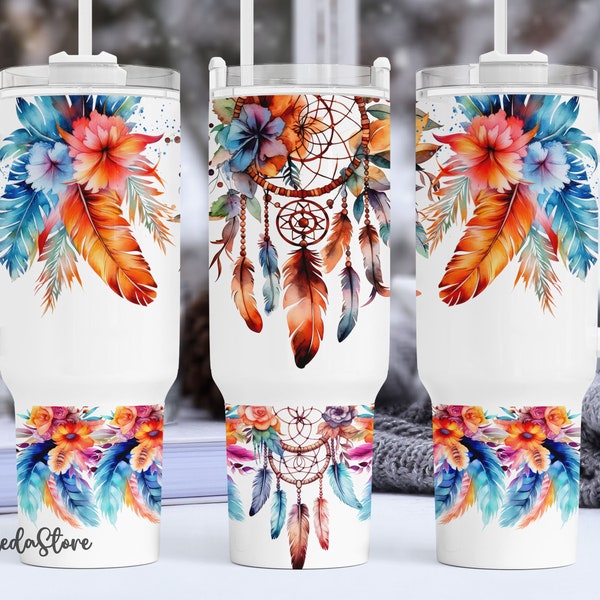 Dream Catcher 40oz Quencher Tumbler Wrap, Colorful Feather Tumbler Wrap 40 oz, Boho Feathers Tumbler Sublimation Design