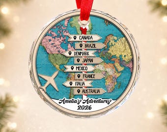 Custom Christmas Travel Ornament 2026, Personalized World Map, Countries Visited Keepsake, Unique Gift for Travelers
