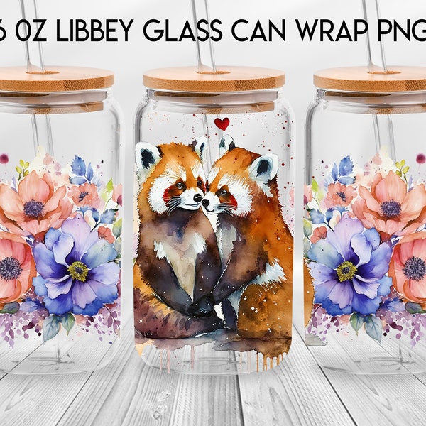 Red Pandas In Love 16oz Libbey Glass Can, Valentine Red Panda Couple Frosted Glass, Valentine Animal Beer Can Glass, Animal In Love PNG