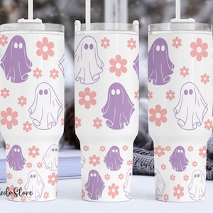 Niedlicher Geist Halloween 40 Unzen Quencher Becher Wrap, Retro Geist Halloween Becher 40 Unzen, Spooky Season Becher Sublimation Design