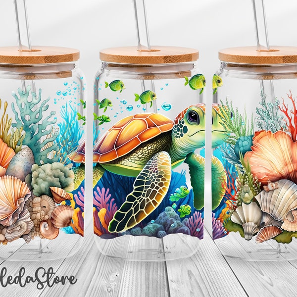 Cute Turtle 16oz Libbey Glass Wrap Png, Sea Turtle Glass Can, Colorful Shells Glass Wrap Sublimation Design, Animals Frosted Glass Tumbler