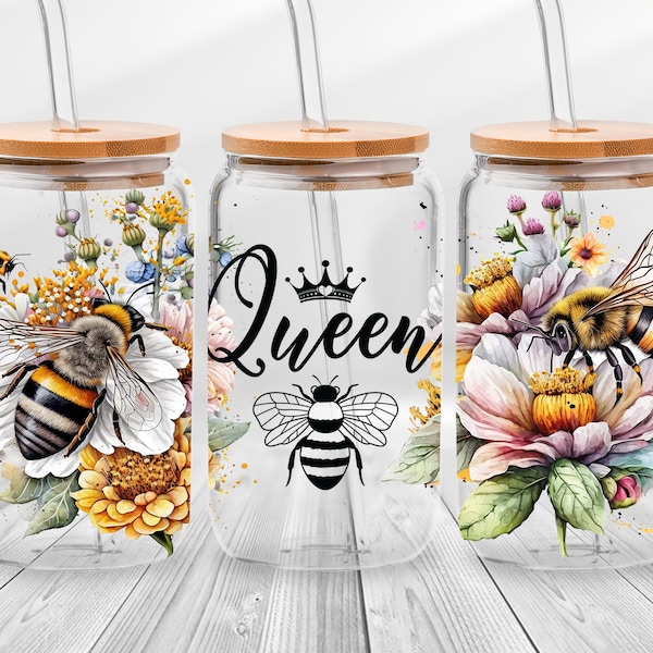 Queen Bee Flower Bee Libbey Glass Can Png, Honeycomb 16oz Libbey Glass Can, Bumble Bee Floral Tumbler Wrap, Mother's Day Digital Download