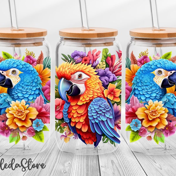 3D Cute Parrot 16 oz Libbey Glass Can Sublimation Design, 3D Parrot Flower Glass Can Wrap, Parrot Frosted Glass Tumbler Gift For Mom