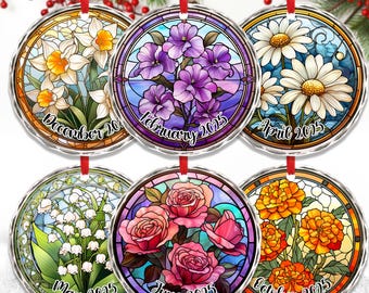 May include: Six round, stained-glass style Christmas ornaments with floral designs. Each ornament features a different flower and month, including daffodils, violets, daisies, lily of the valley, roses, and marigolds, with the year 2025. Each has a red ribbon.