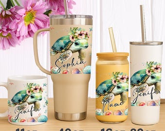 Custom Sea Turtle Tumbler Wrap, Personalized UV DTF Name Cup Kids & Ocean Lovers, Cute Turtle Cup Glass Can, Coffee Mug, Skinny Tumbler