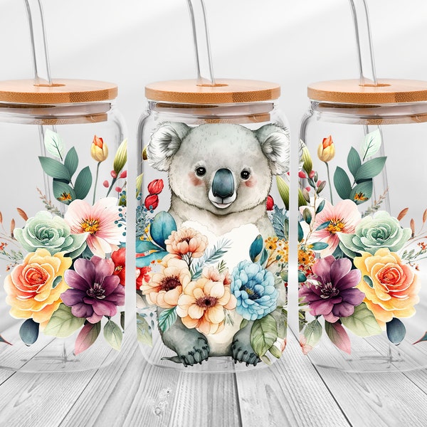 Koala Bear Libbey Glass Wrap- Flower Koala Bear Glass Can Wrap, Koala Bear Tumbler, Iced Coffee Cup, Mom Gifts Ideas Tumbler Sublimation