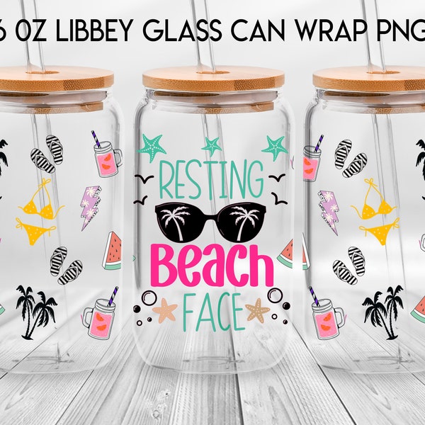 Resting Beach Face 16oz Libbey Glass Can, Summer Glasses Frosted Glass, Beach Life Libbey Cup, Hello Summer 2024, Summer Season