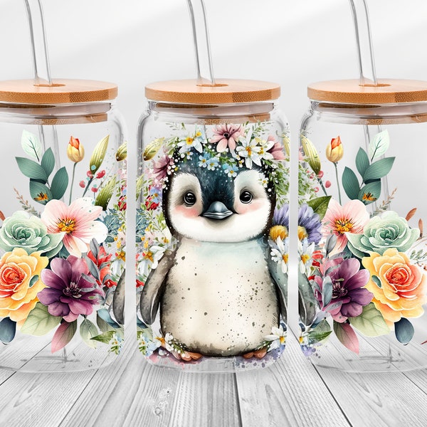 Penguins  Libbey Glass Can Sublimation Design, Flower Penguins Glass Can Wrap, Penguins Tumbler Wrap, Mothers Day Libbey 16 oz Glass Wrap