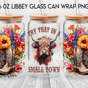 Try That In A Small Town 16oz Glass Can, Country Music Frosted Glass 16oz, Boots Girl Country, Highland Cow Glass Can Sublimation Design