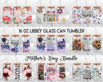 Strong Mom Butterfly Libbey Glass Can Wrap Bundle PNG - Butterfly Mama Glass Can - Floral Mom Mother's Day 16oz Tumbler Sublimation Design