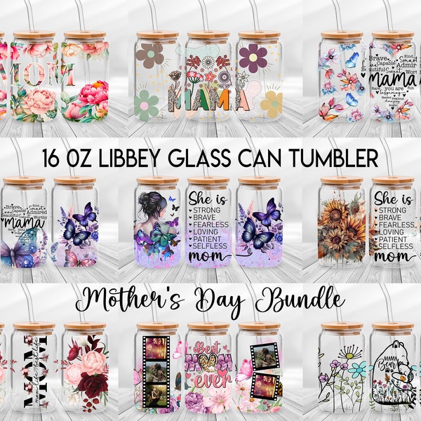 Strong Mom Butterfly Libbey Glass Can Wrap Bundle PNG - Butterfly Mama Glass Can - Floral Mom Mother's Day 16oz Tumbler Sublimation Design