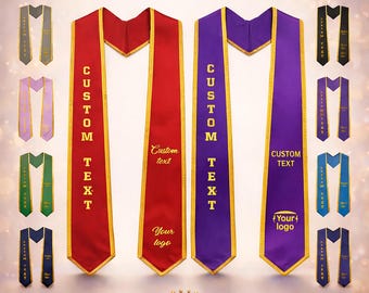 May include: A selection of graduation stoles in various colors, including red and purple, with gold trim. The stoles feature the text "CUSTOM TEXT" and space for a logo. The image also includes the text "Add Your Name & Logo".