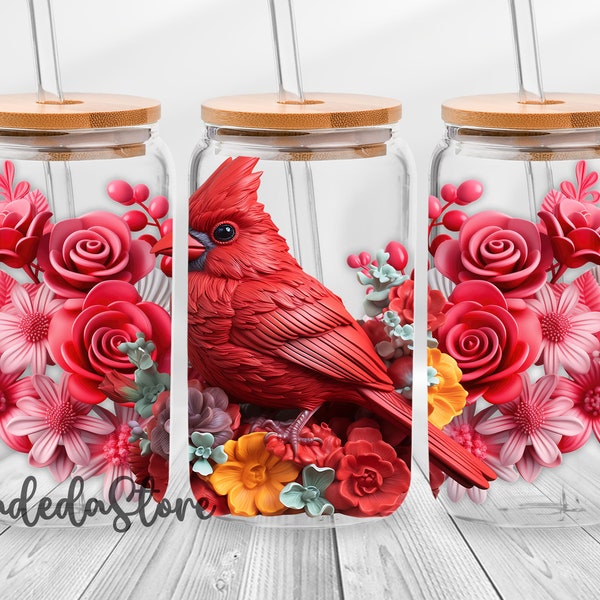 3D Red Cardinal 16oz Libbey Glass Can Sublimation Design, 3D Cardinal Flower Glass Can Wrap, 3D Floral Gift For Mom Libbey 16oz Glass Wrap