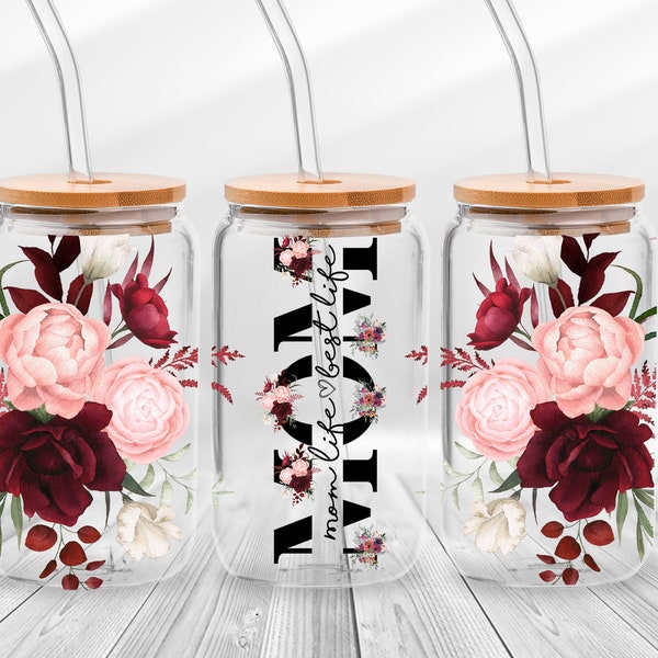 Mom Life Flower Libbey Glass Wrap Png - Mama Flower Glass Cup - Best Mom Ever Tumbler Sublimation Design - Mother's Day Digital Download