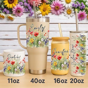 Wildflower UV DTF Cup Wrap Set – Personalized Floral Glass Can Sticker – Waterproof Decal for 16oz 40oz Tumblers Decal, Spring Gift