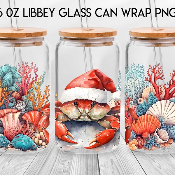 Christmas Crab 16oz Libbey Glass Can, Ocean Sea Animals Crab Frosted Glass, Santa Crab Beer Can Glass, Crab Under The Sea Libbey Cup