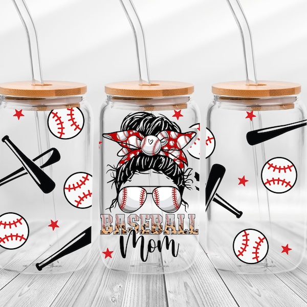 Baseball Mom Libbey Glass Can Wrap Gift for Sports Moms, Baseball Mama Glass Can 16oz - Mother's Day Libbey Glass Sublimation Design Png