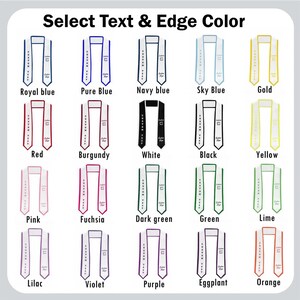 May include: A selection of graduation stoles in various colors, including royal blue, red, and gold. Each stole has a white center with text and a matching edge color. The text "Select Text & Edge Color" is at the top.