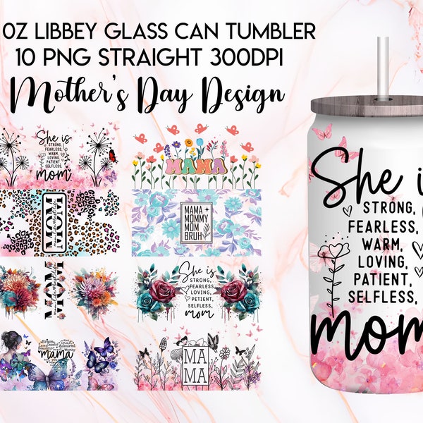 Strong Mom Butterfly Libbey Glass Can Wrap Bundle PNG - Butterfly Mama Glass Can - Floral Mom Mother's Day 16oz Tumbler Sublimation Design