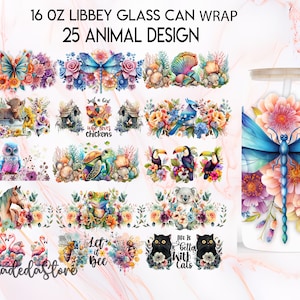 Animal Bundle 16oz Libbey Glass Wrap Design, Flower Butterfly Glass Can, Dragonfly Libbey Wrap, Cute Turtle Frosted Glass Tumbler Wrap