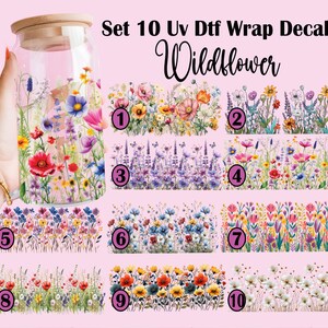 Puede incluir: Conjunto de 10 calcoman&iacute;as envolventes UV DTF con tem&aacute;tica de flores silvestres. Cada calcoman&iacute;a es un dise&ntilde;o diferente con varios colores y patrones florales. Las calcoman&iacute;as est&aacute;n numeradas del 1 al 10.