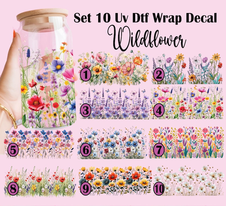 Puede incluir: Conjunto de 10 calcoman&iacute;as envolventes UV DTF con tem&aacute;tica de flores silvestres. Cada calcoman&iacute;a es un dise&ntilde;o diferente con varios colores y patrones florales. Las calcoman&iacute;as est&aacute;n numeradas del 1 al 10.