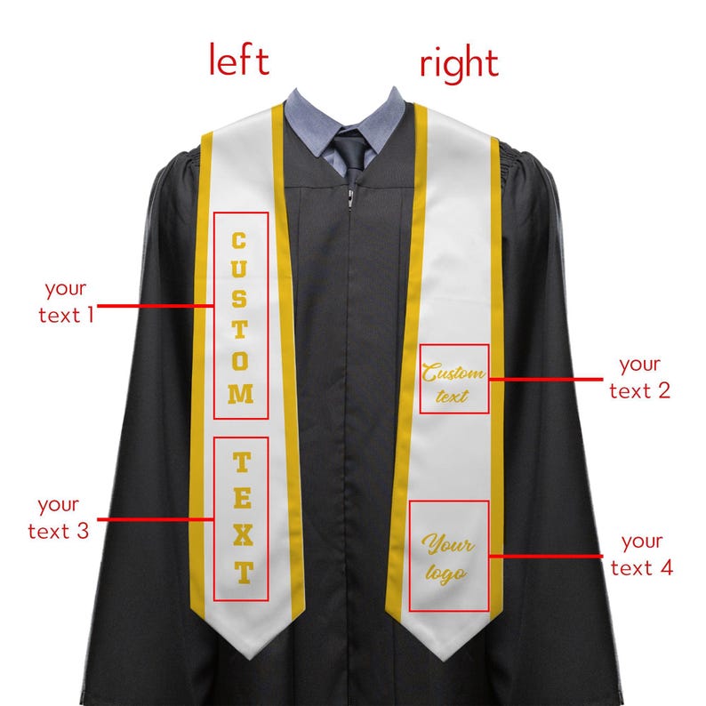 May include: A black graduation gown with a white and gold custom sash. The sash has the words "CUSTOM TEXT" printed vertically on the left side and "Custom text" and "Your logo" on the right side. The sash is draped over the gown.