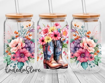 Cow Girl Boots Glass Can Wrap, Flower Libbey Glass Wrap, Floral Cup Wrap, Cow Girl Tumbler Wrap, Mom Gifts Ideas Tumbler Sublimation Design