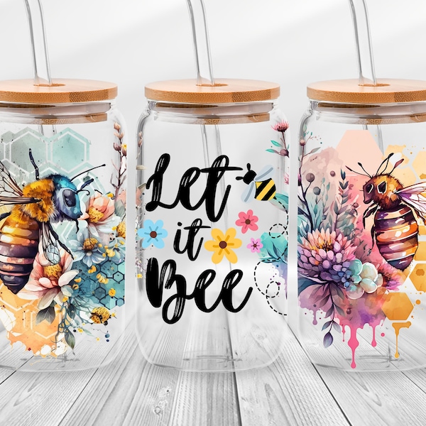 Let it Bee Flower Bee Libbey Glass Can Png, Honeycomb 16oz Libbey Glass Can, Bumble Bee Floral Tumbler Wrap, Mother's Day Digital Download