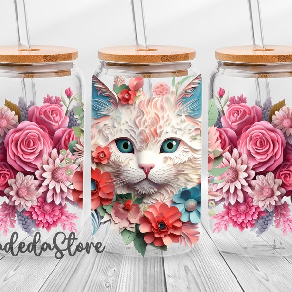 3D Cat Libbey Glass Can Wrap Png, Cute Cat Flower Glass Can 16oz, Cute Cat Coffee Cup, Pink Floral 3D Glass Can Mother's Day Libbey Glass