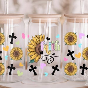 UV DTF Faith Christian Libbey Glass Can (3Pcs), Sunflower Cross Decal, Christian Gift Sticker, Mother’s Day Gift, uv dtf For Glass Can