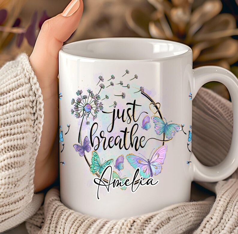 Personalized Just Breathe UV DTF Cup Wrap, Dandelion Butterfly Glass Can & Tumbler Decals (11oz–40oz), Waterproof Sticker, Mother's Day Gift image 2