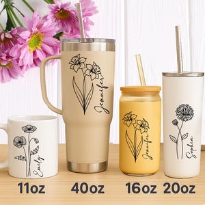 Birth Month Flower UV DTF Decal – Personalized Name Wildflower Cup Wrap, Custom Tumbler Sticker, Glass Can Gift for Bridesmaid