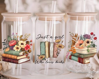 Mother’s Day Book Lover UV DTF Cup Wrap | Decal for 16-40oz Tumblers | Just a Girl Who Loves Books Sticker | Waterproof DIY Gift for Mom