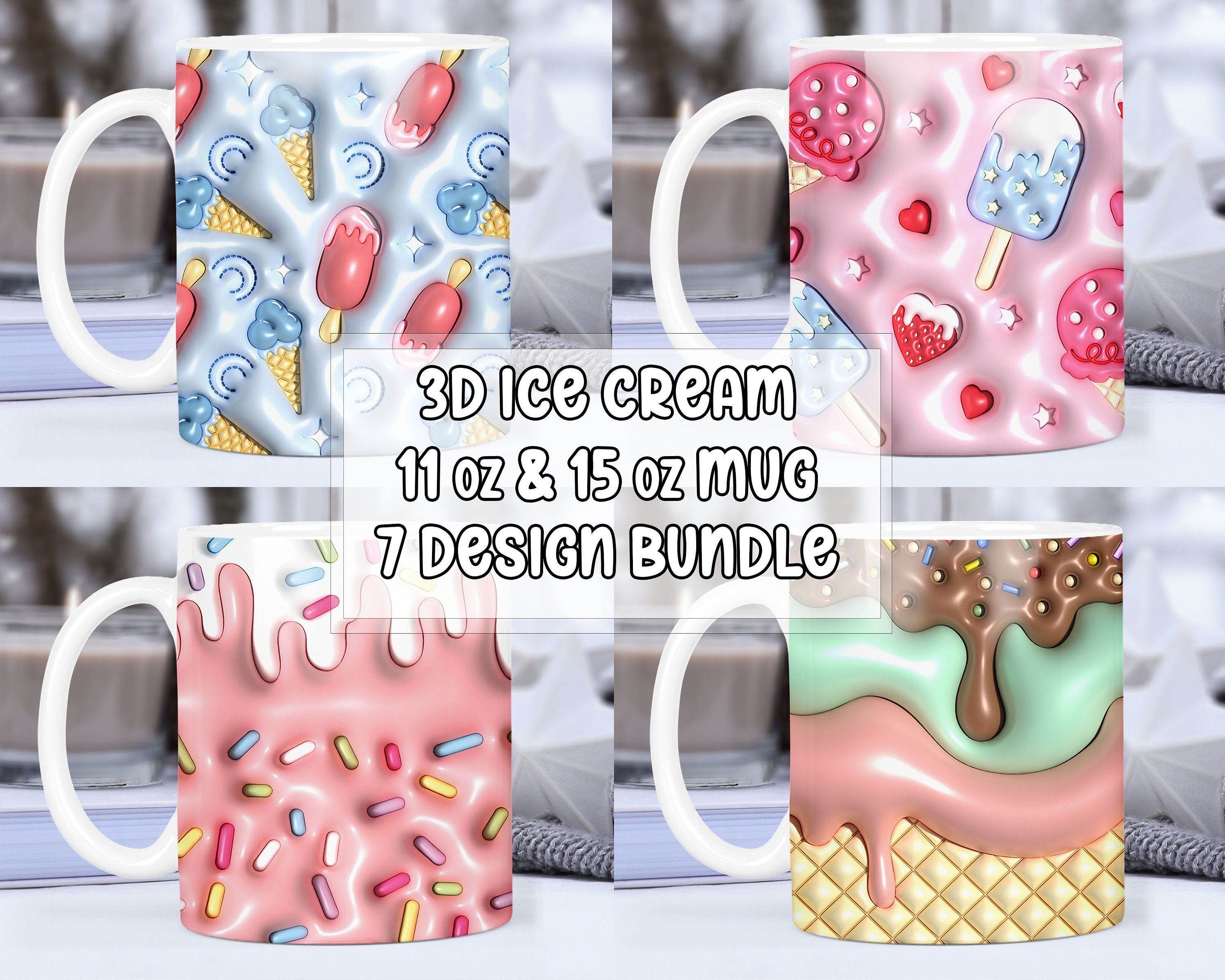 Mug sublimation waffle ice cream drip design wrap 15 Oz