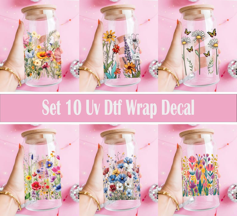 Puede incluir: Conjunto de 10 tarros de vidrio transparente con dise&ntilde;os florales coloridos. Los tarros tienen tapas de madera y son perfectos para guardar objetos peque&ntilde;os o crear acentos decorativos.