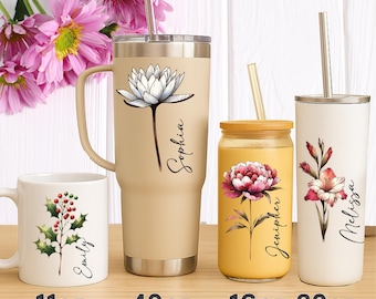 Custom Birth Flower UV DTF Cup Wrap, Personalized Flower Tumbler Sticker, Bridesmaid Gift, Gift for Her, Waterproof Glass Can Transfer